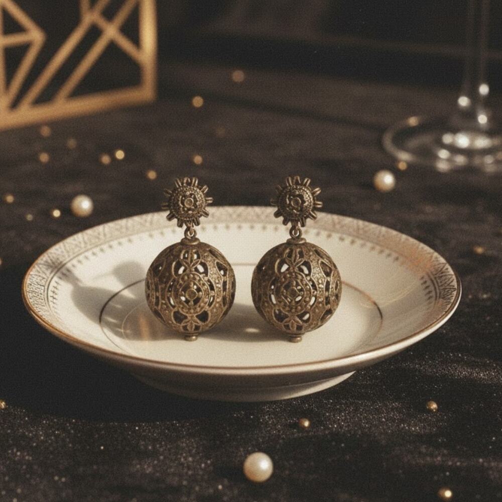 Vintage Filigree Ball Drop Earrings Pierced